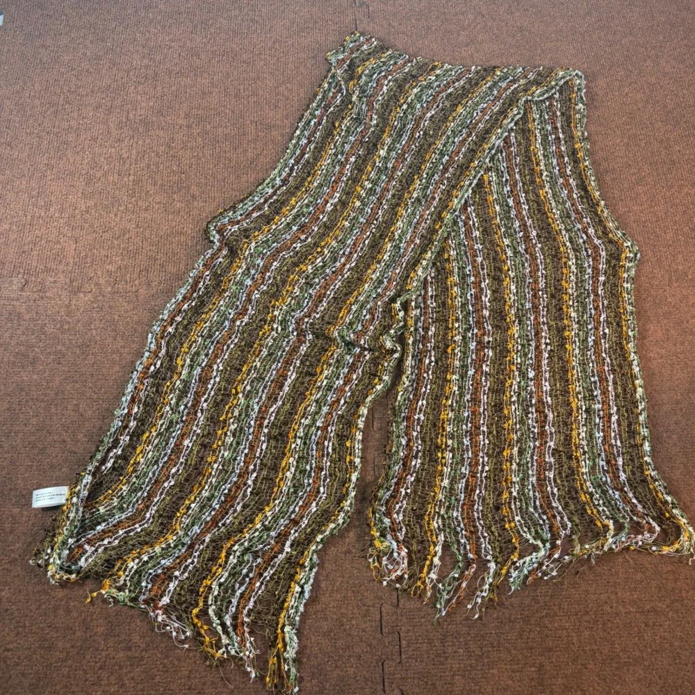 Boho Multi Color Striped Open Knit Fringe Scarf Earth Tones Retro Mesh Accessory